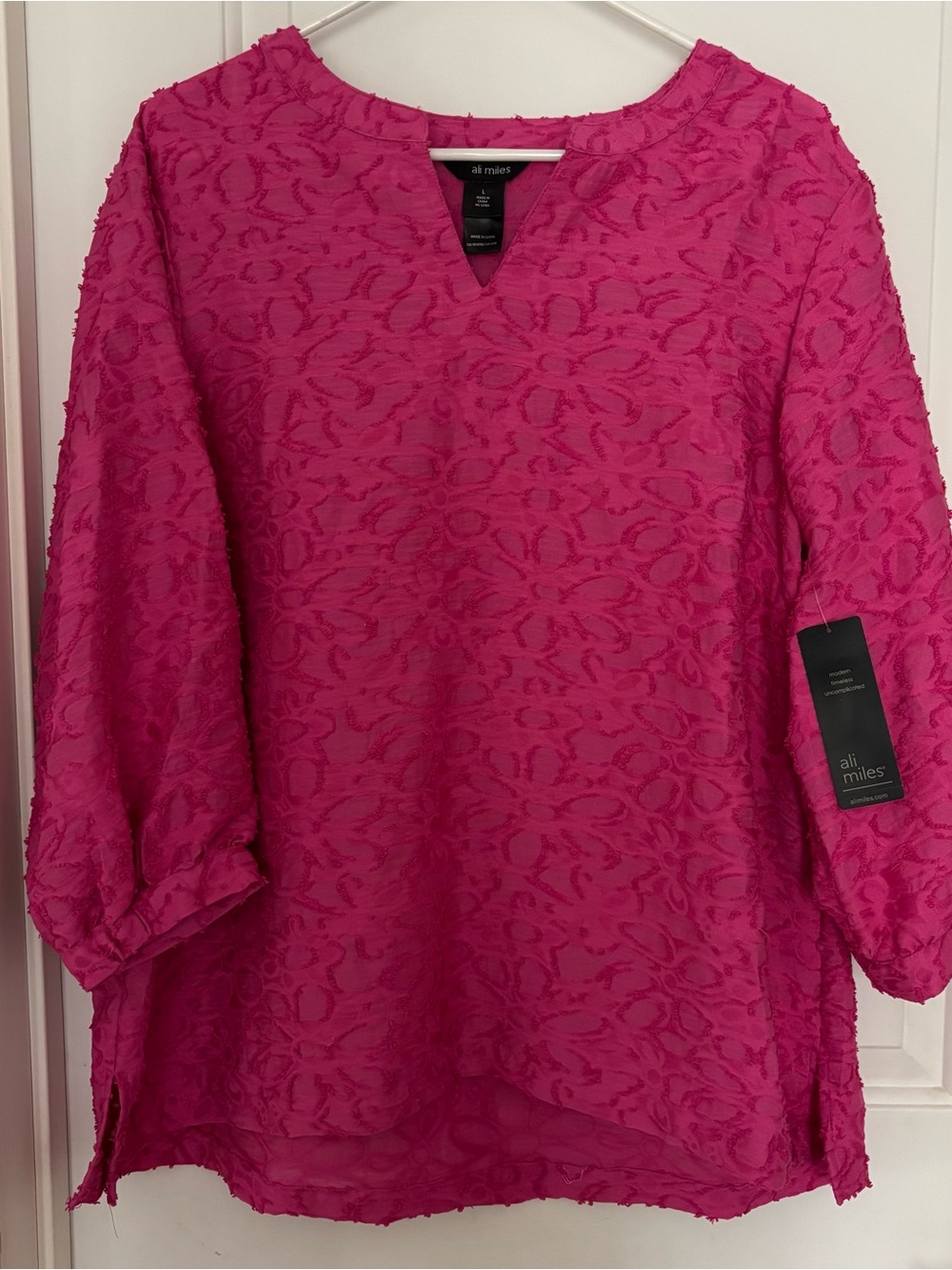 Ali Miles hot pink textured blouse tunic top 3/4 sleeves Large
